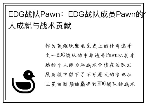 EDG战队Pawn：EDG战队成员Pawn的个人成就与战术贡献